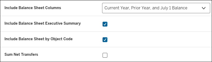 Illustration of the balance sheet statement parameters as it is presented on the Financial Statement Reports